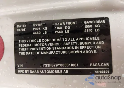 2008 Saab 9-3 2.0T from USA, damaged, VIN YS3FB79Y886011061